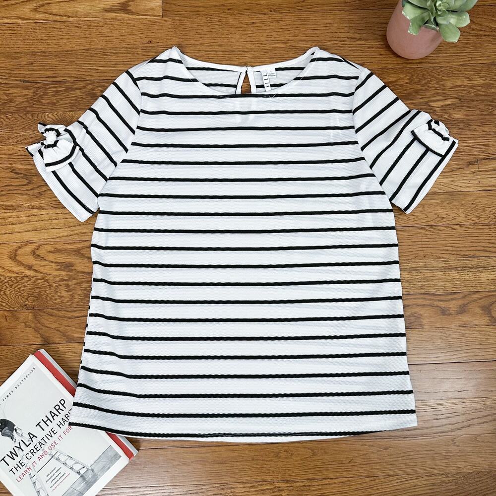 Elle White & Black Striped Bow Sleeve Blouse